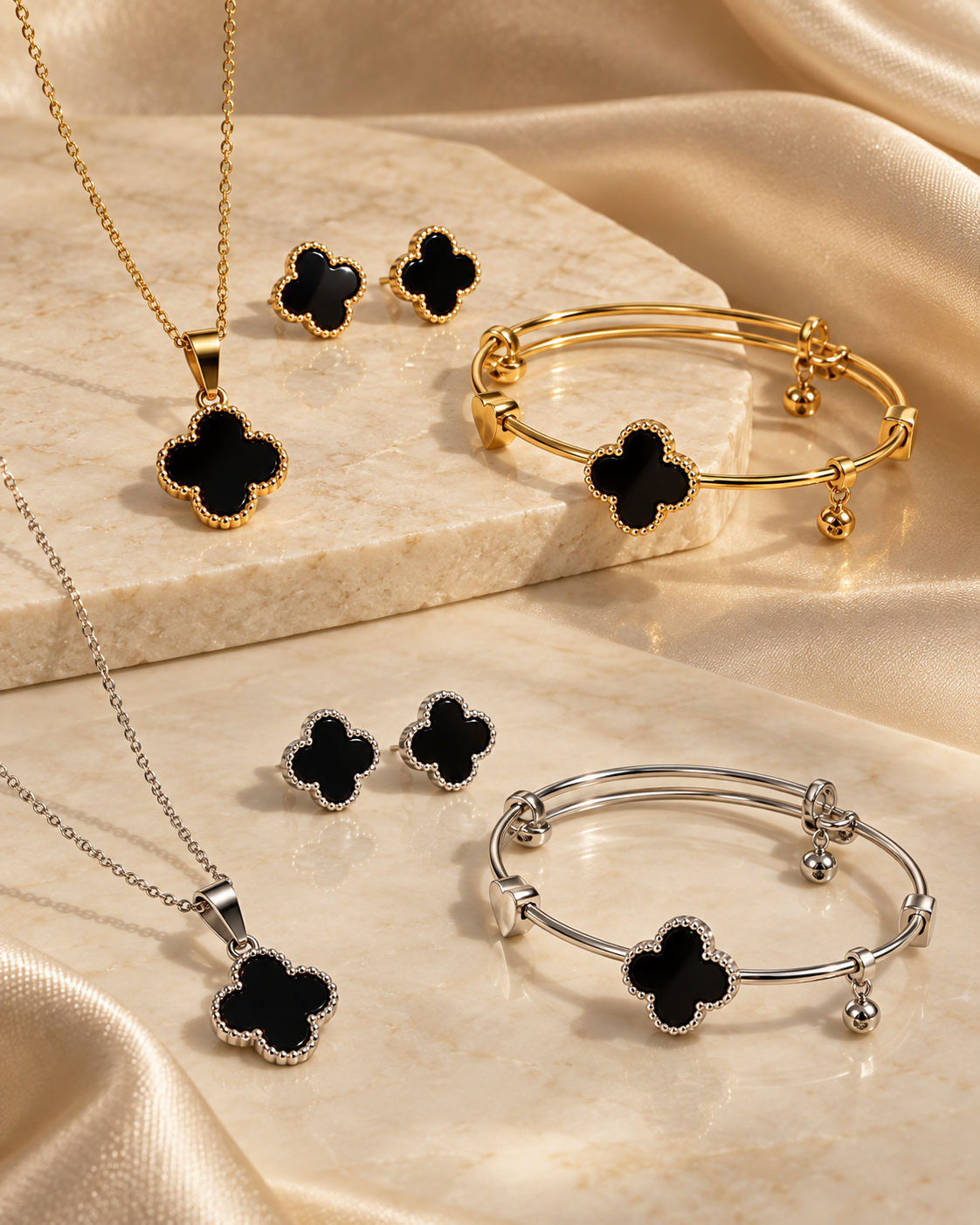 Zaria black clover jewellery set in Gold and Silver with necklace earrings and bracelet
