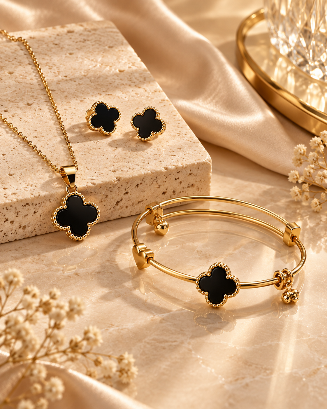 Zaria Gold black clover necklace earrings and bracelet jewellery set