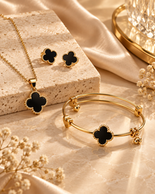 Zaria Gold black clover necklace earrings and bracelet jewellery set