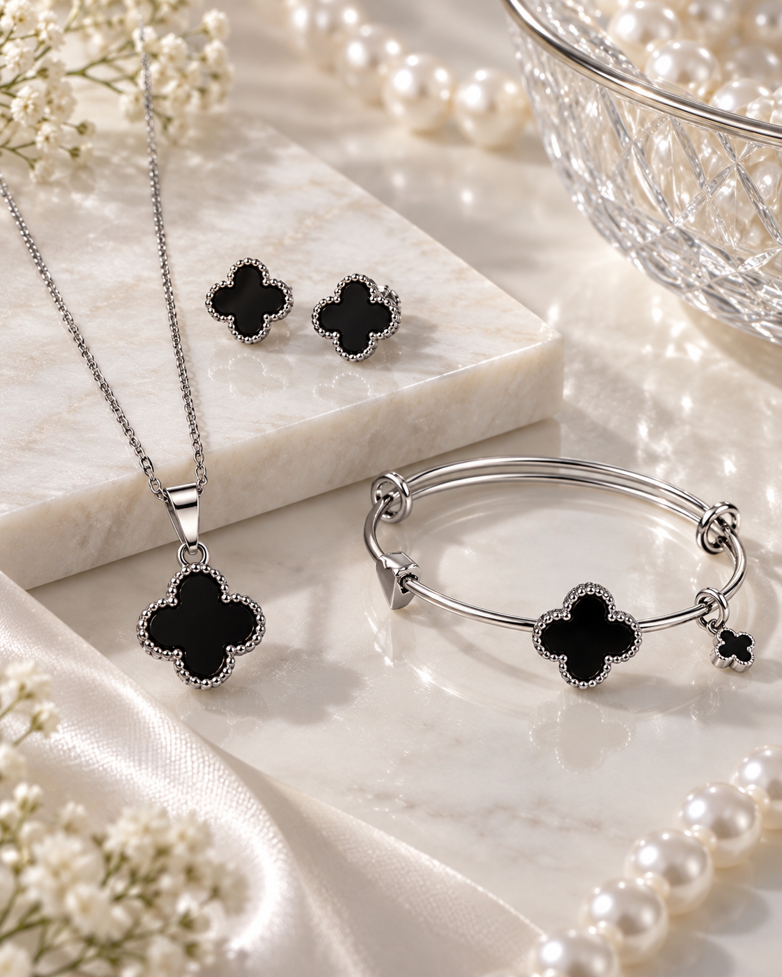 Zaria Silver black clover necklace earrings and bracelet jewellery set