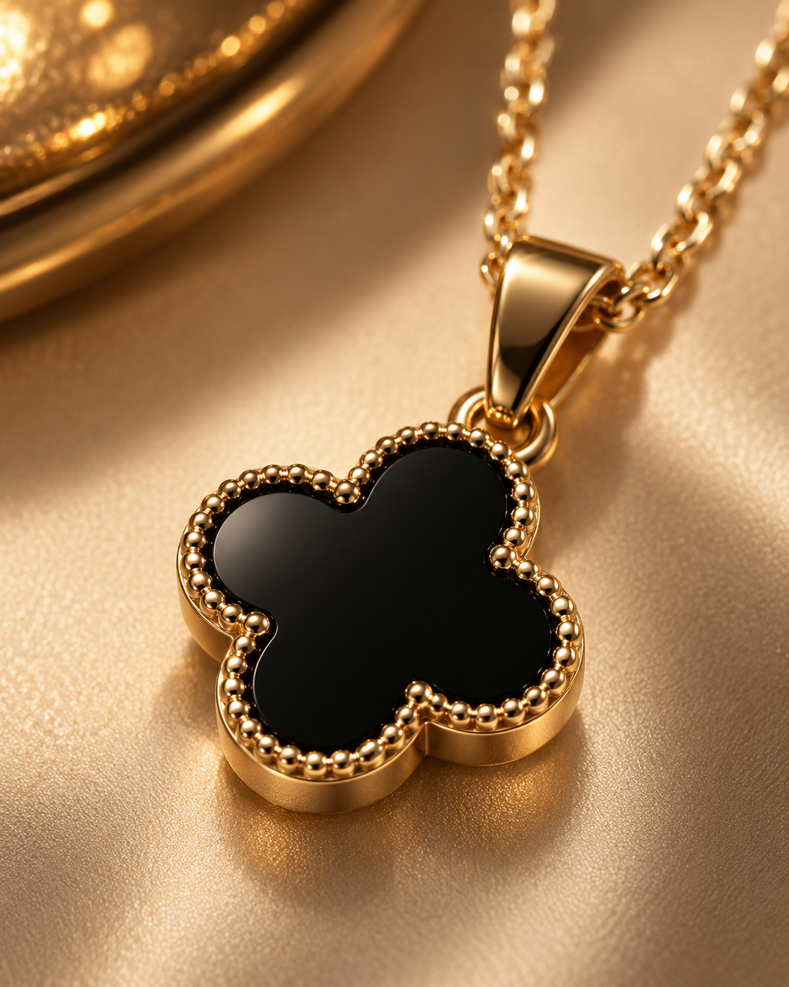 Close-up of Zaria Gold black clover pendant with textured border detail