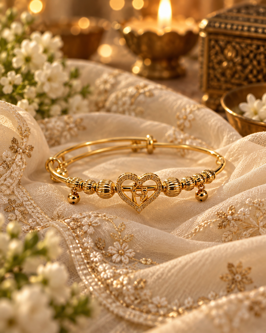 Ayla gold heart charm bracelet styled on ivory embroidered fabric with warm lighting