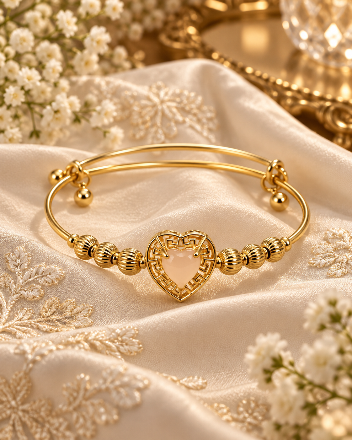 Mira Gold heart bangle worn with Mira Gold heart charm bangle with textured beads styled on ivory silk