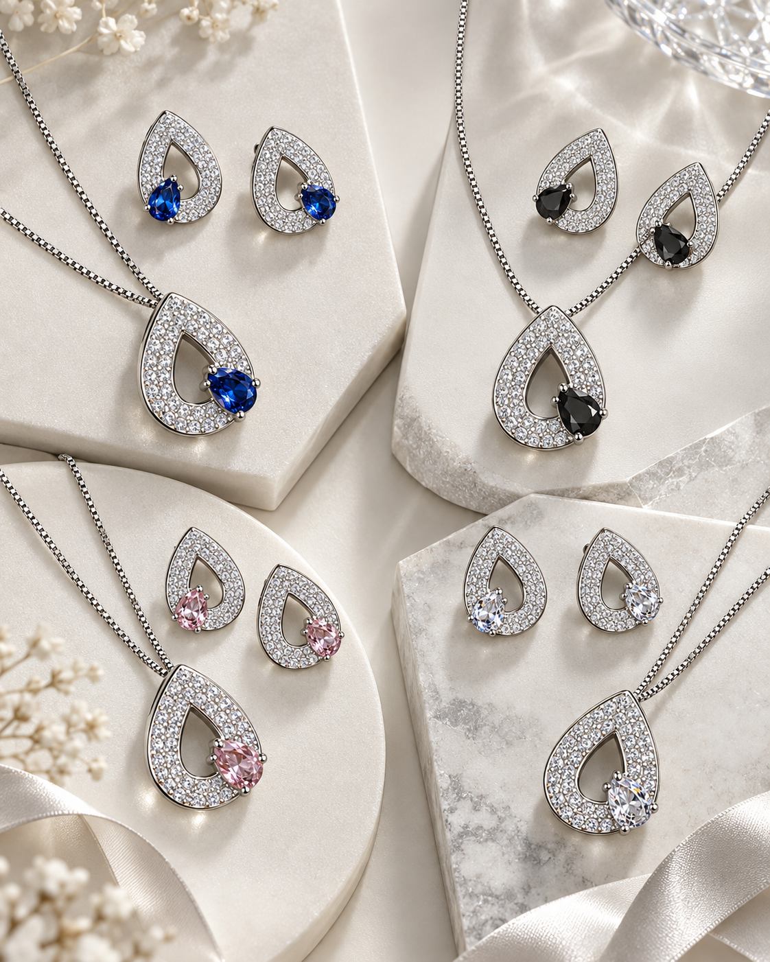 Selene S925 silver teardrop jewellery set in blue, black, pink and crystal white