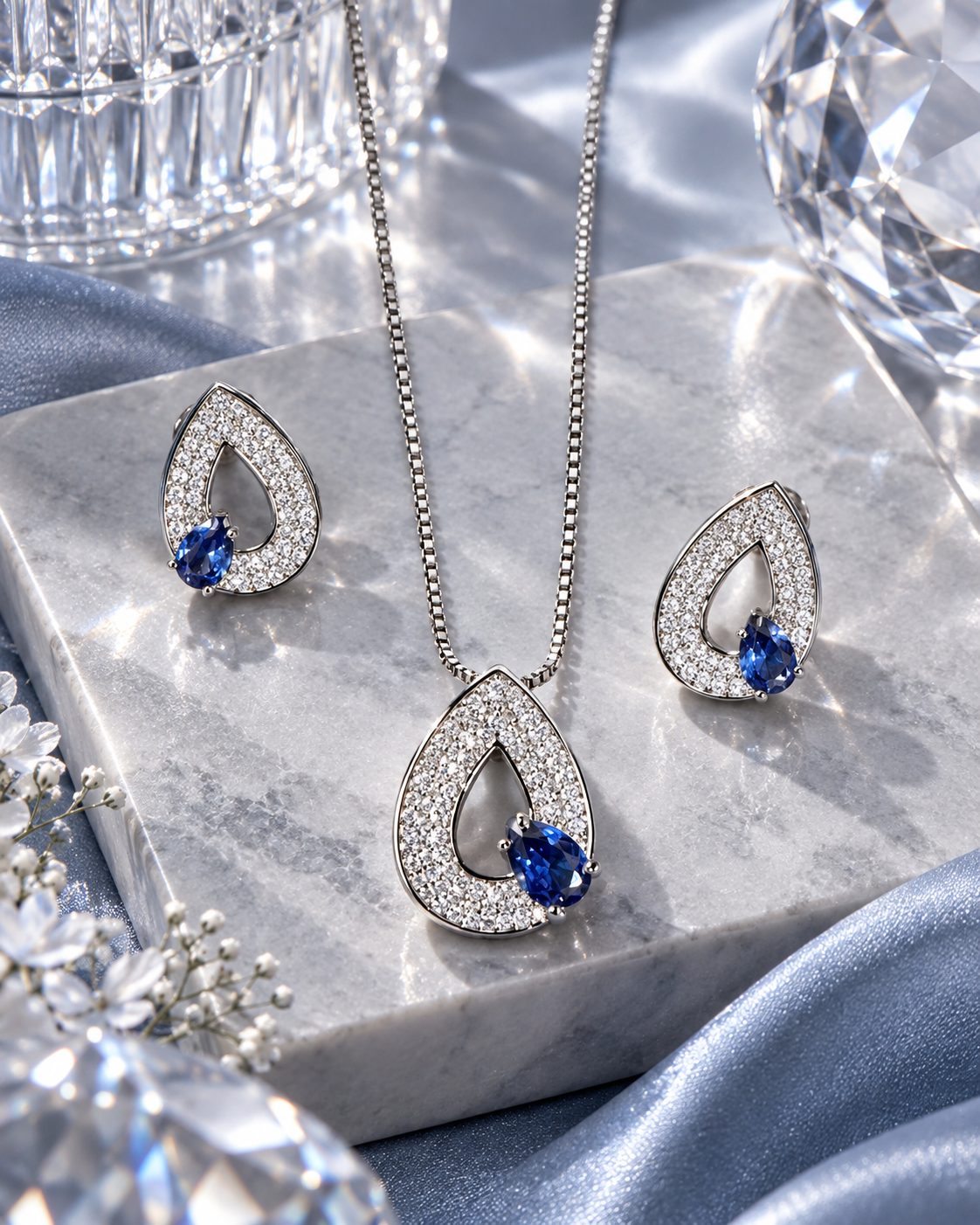 Sapphire Blue Selene S925 silver teardrop necklace and matching earrings