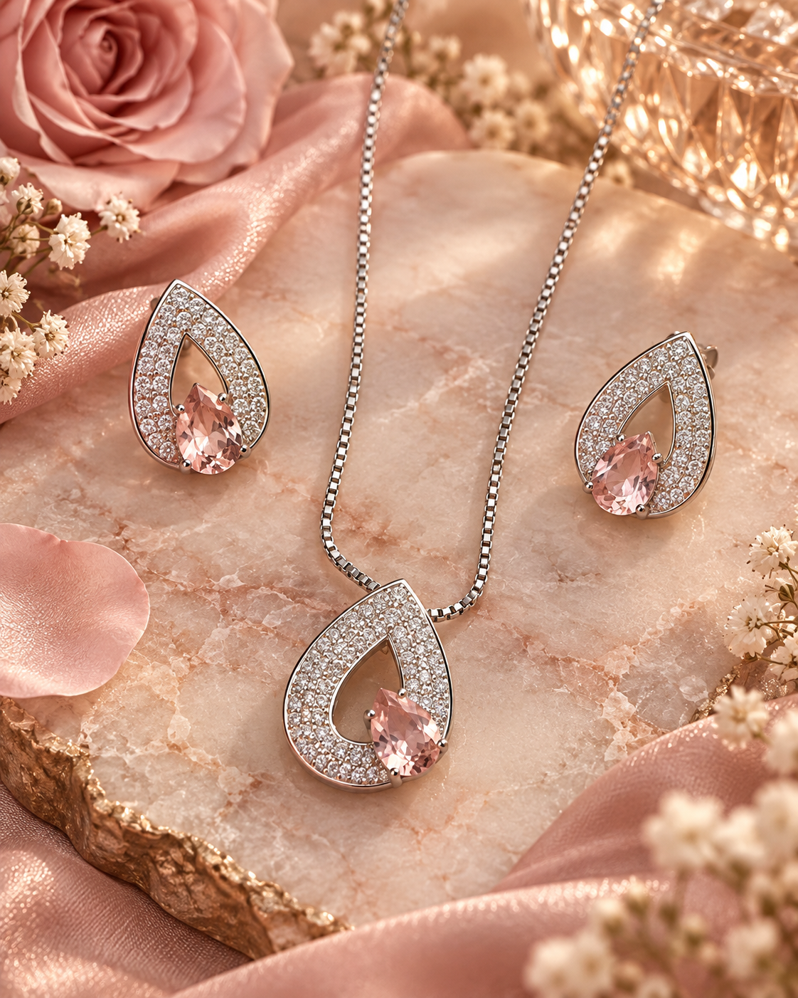 Blush Pink Selene S925 silver teardrop pendant necklace and earrings