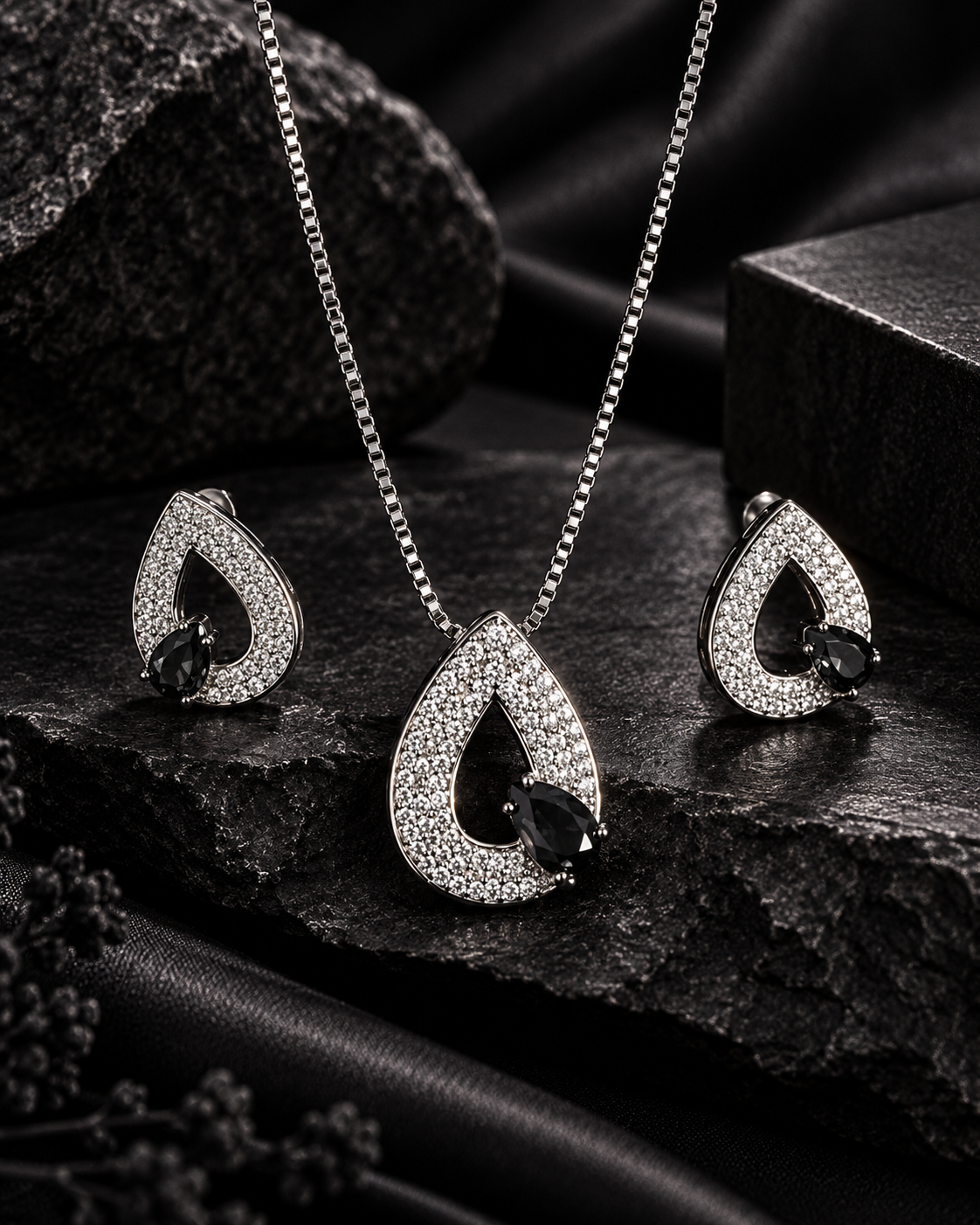 Midnight Black Selene S925 silver teardrop jewellery set