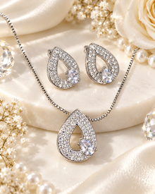 Crystal White Selene S925 silver teardrop necklace and stud earrings