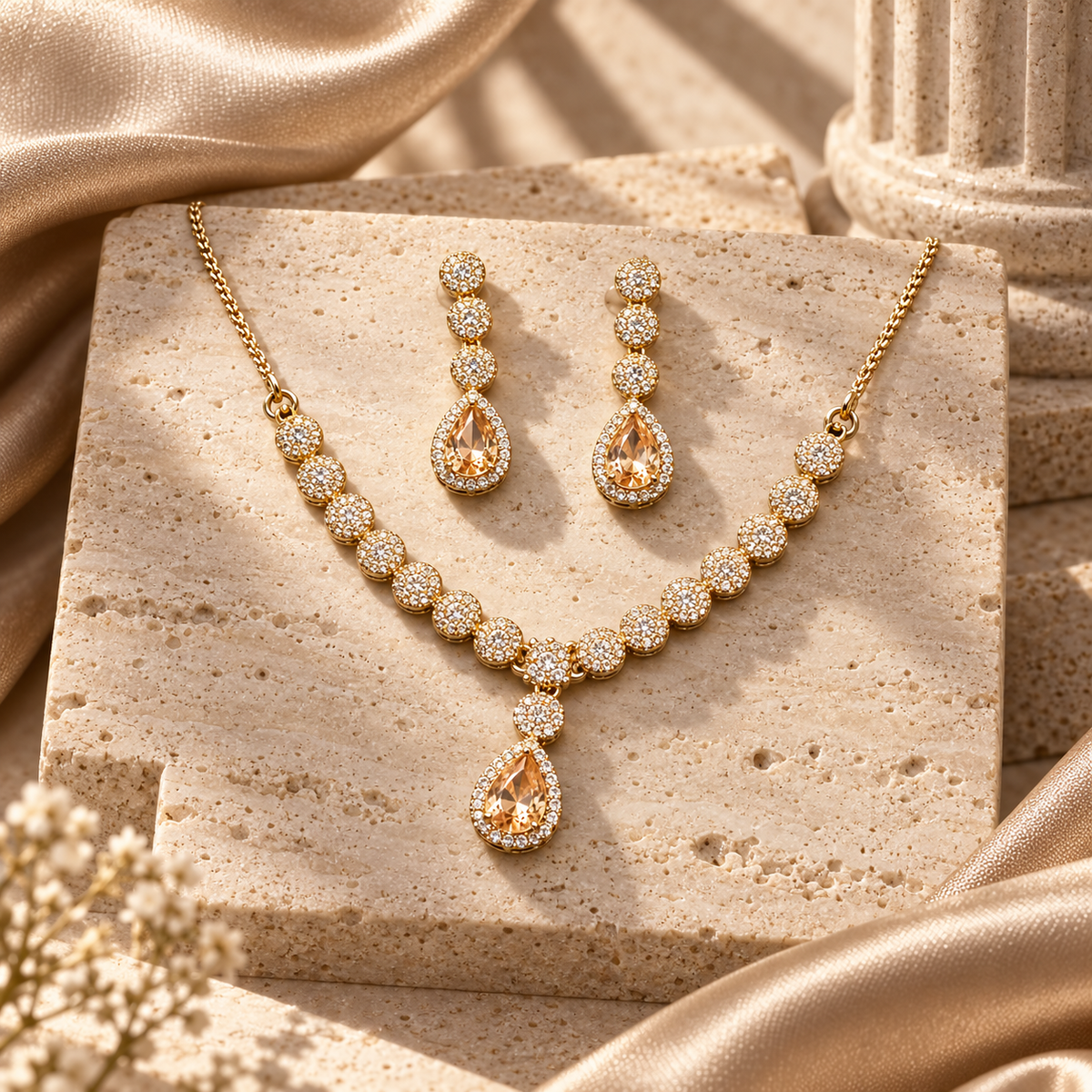 Champagne Celestia teardrop necklace and matching drop earrings set