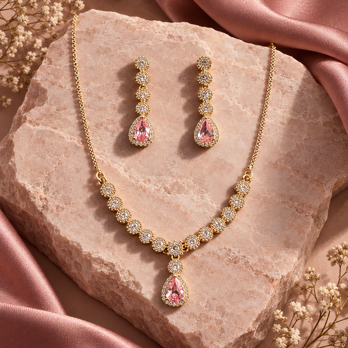 Pink Celestia teardrop necklace and matching drop earrings set