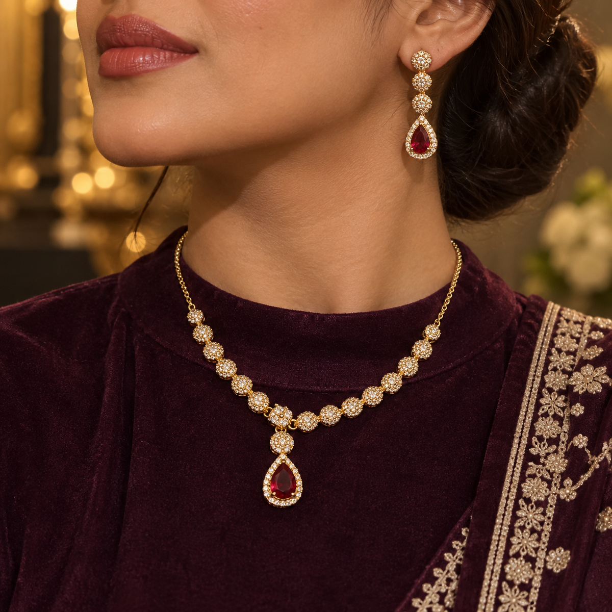 Red Celestia teardrop necklace and earrings styled with a deep-plum outfit