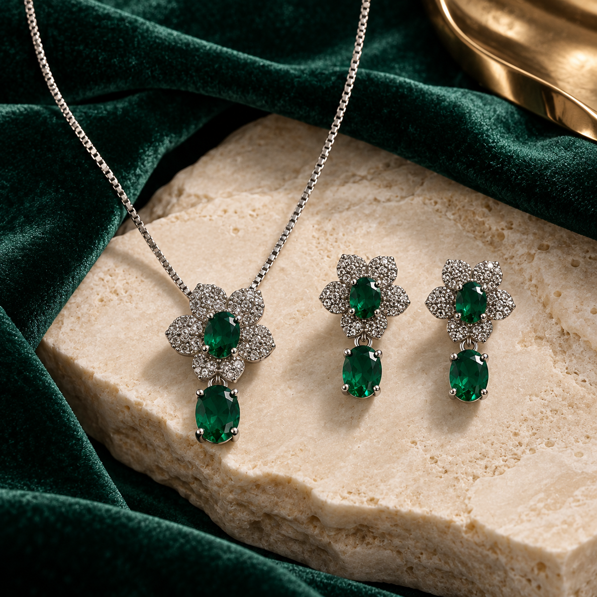 Liora Emerald Green floral pendant necklace with matching drop earrings