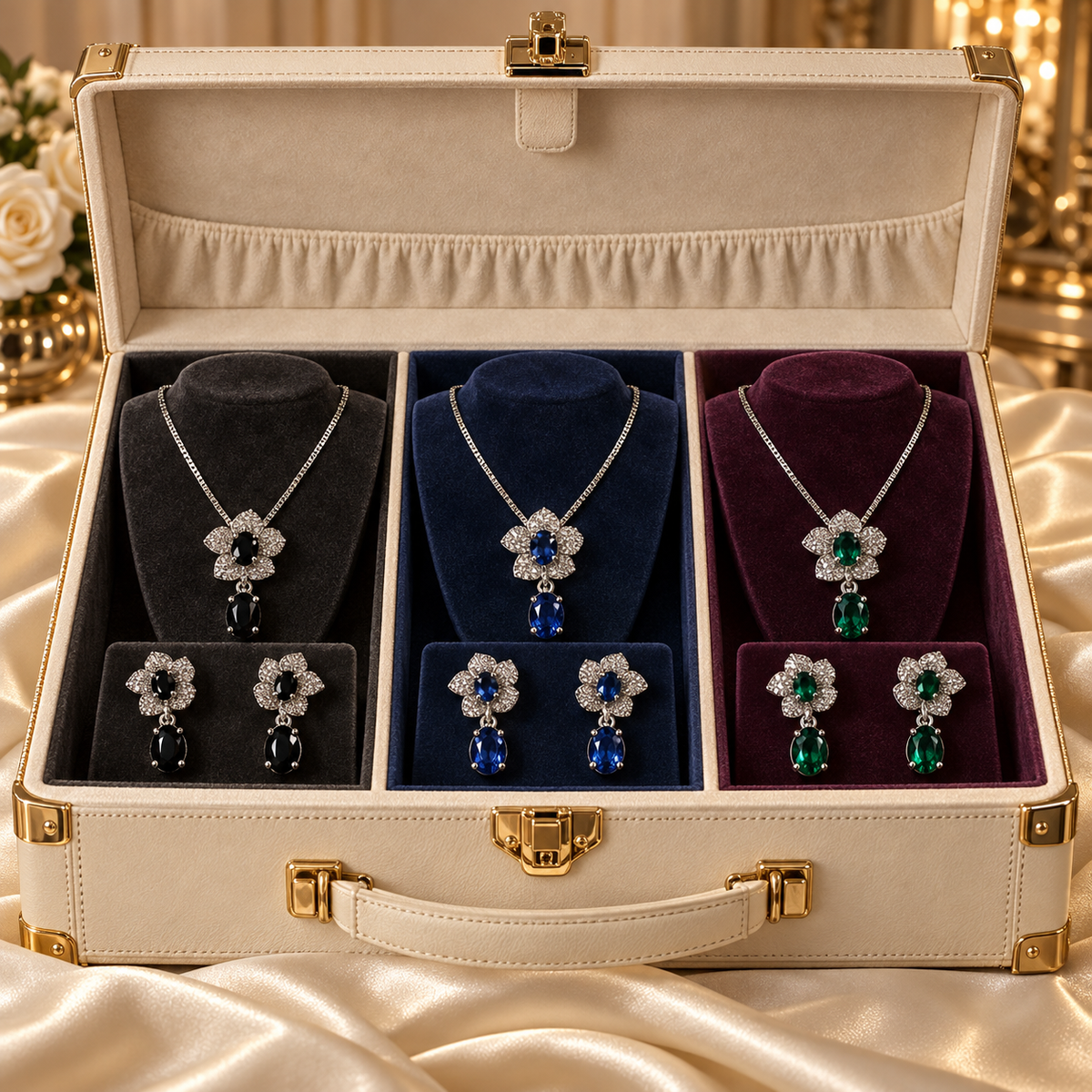 Liora floral necklace and earrings sets in Black, Sapphire Blue and Emerald Green displayed in a luxury jewellery trunk