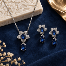Liora Sapphire Blue floral pendant necklace with matching drop earrings