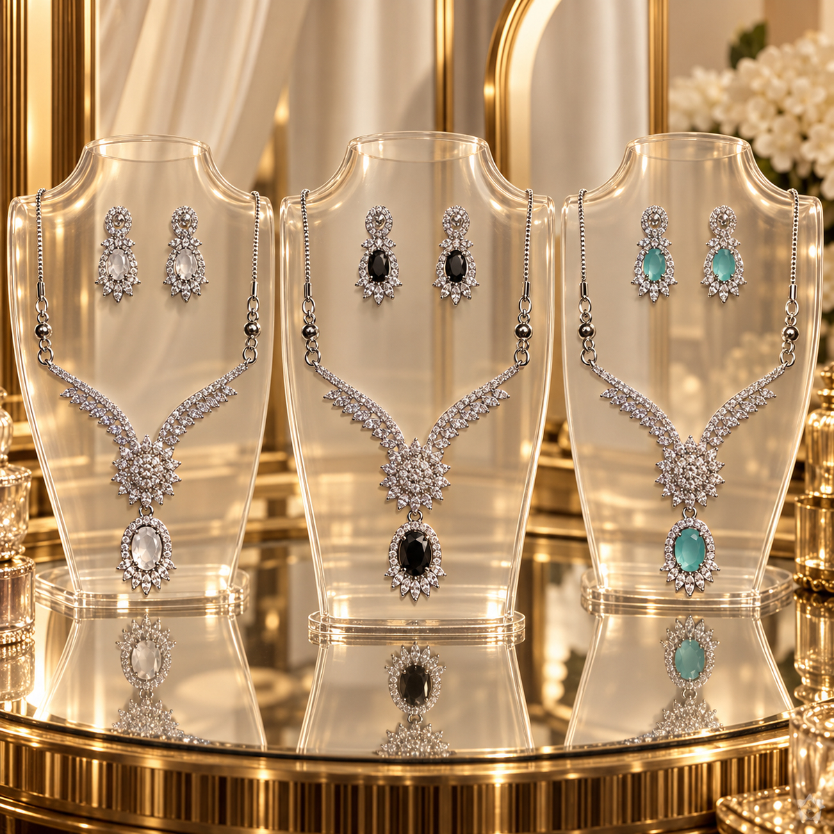 Elysia Winged Drop Jewellery Set in Clear, Black and Aqua displayed together