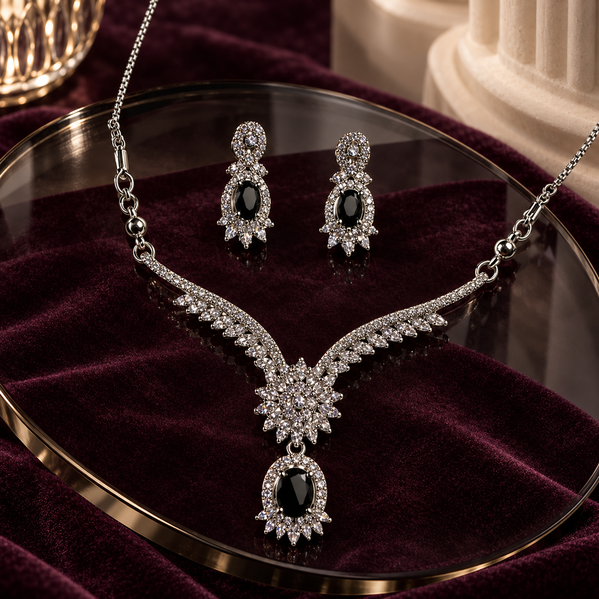 Black Elysia Winged Drop necklace with matching silver-tone earrings