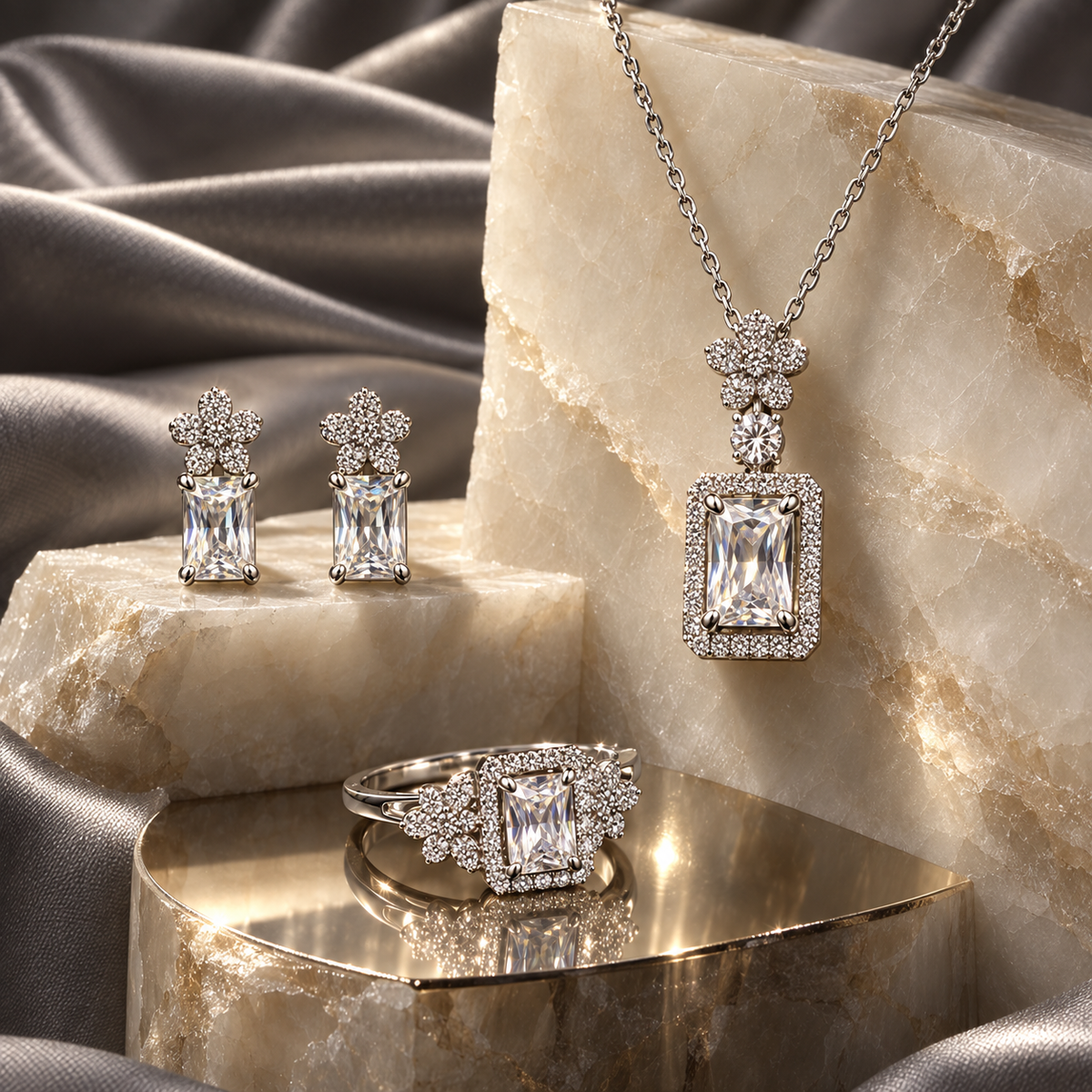 Clear Fiora Bloom jewellery set with pendant necklace, earrings and ring