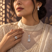 Clear Fiora Bloom jewellery set styled with matching pendant and ring