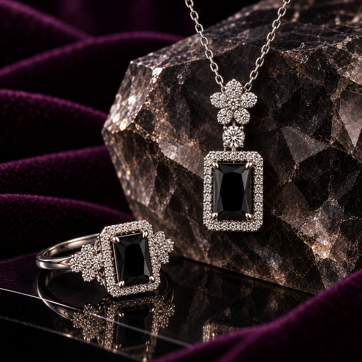 Black Fiora Bloom pendant necklace and matching ring close-up