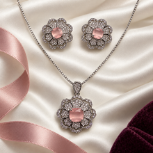 Pink Celestia Rosette pendant necklace with matching floral stud earrings