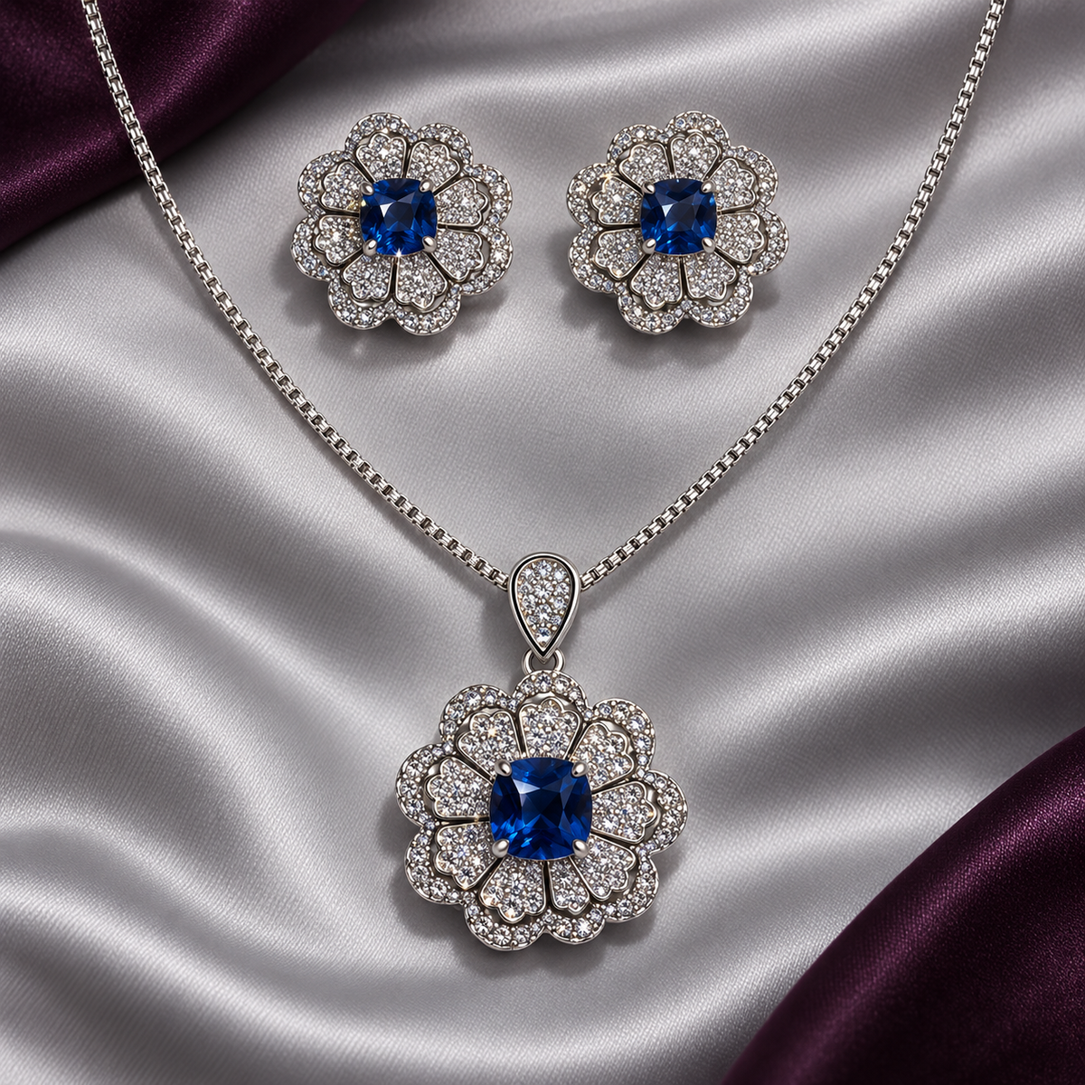 Blue Celestia Rosette pendant necklace with matching floral stud earrings