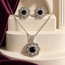 Black Celestia Rosette pendant necklace with matching floral stud earrings