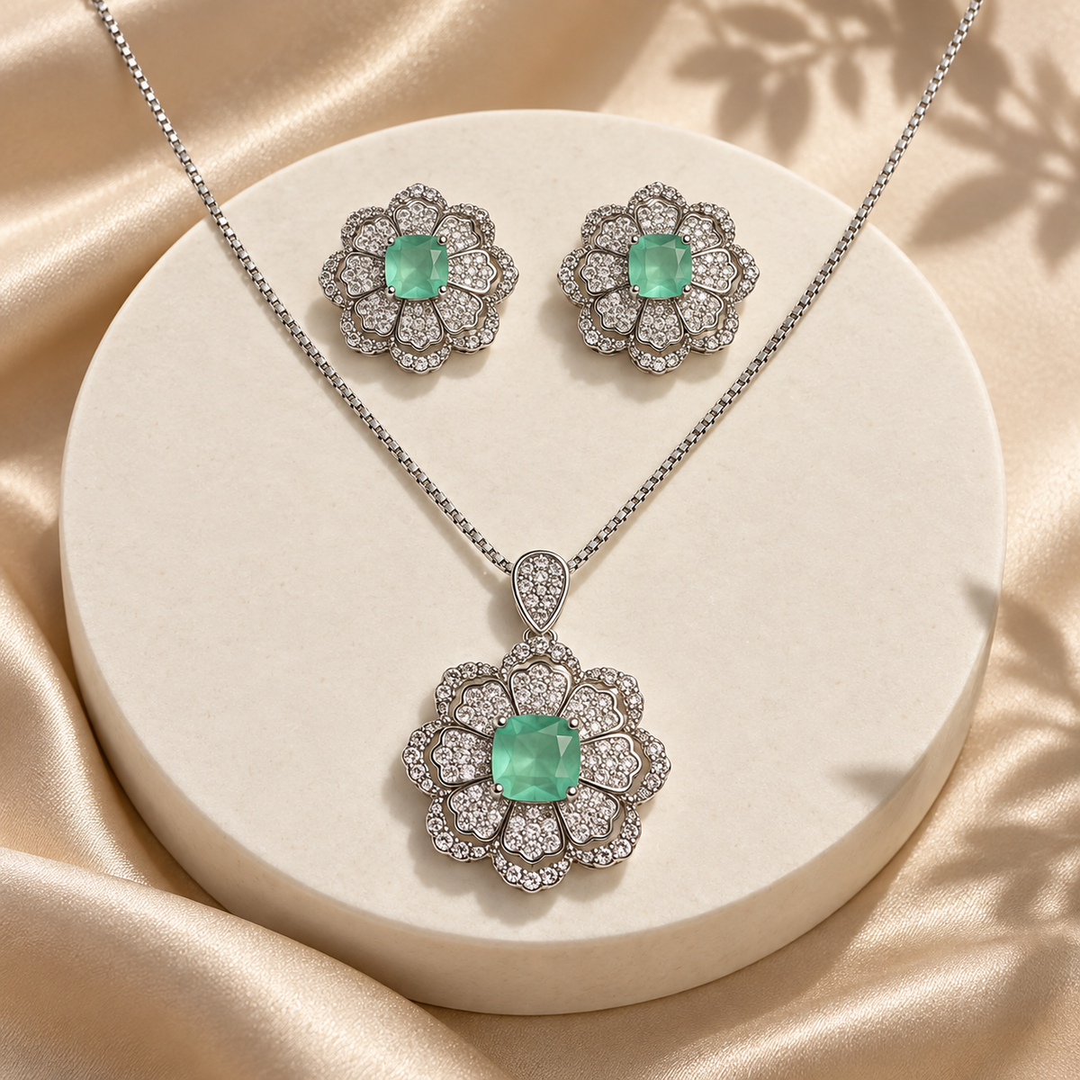 Mint Green Celestia Rosette pendant necklace with matching floral stud earrings