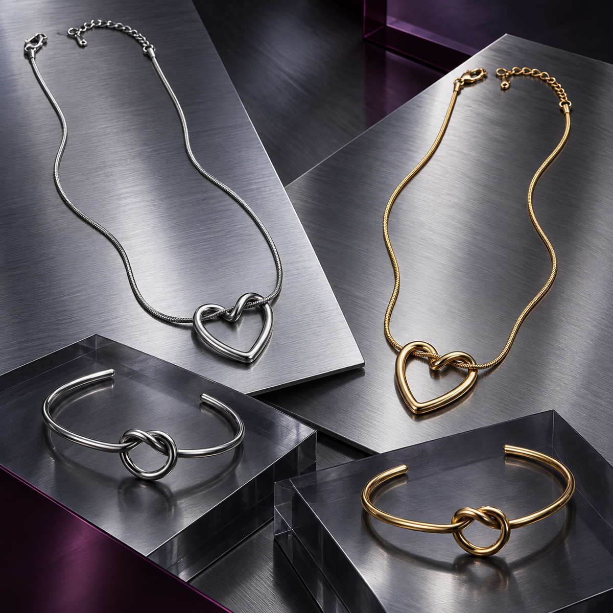 Close-up of the Nova open-heart pendant and threaded-loop cuff bracelet