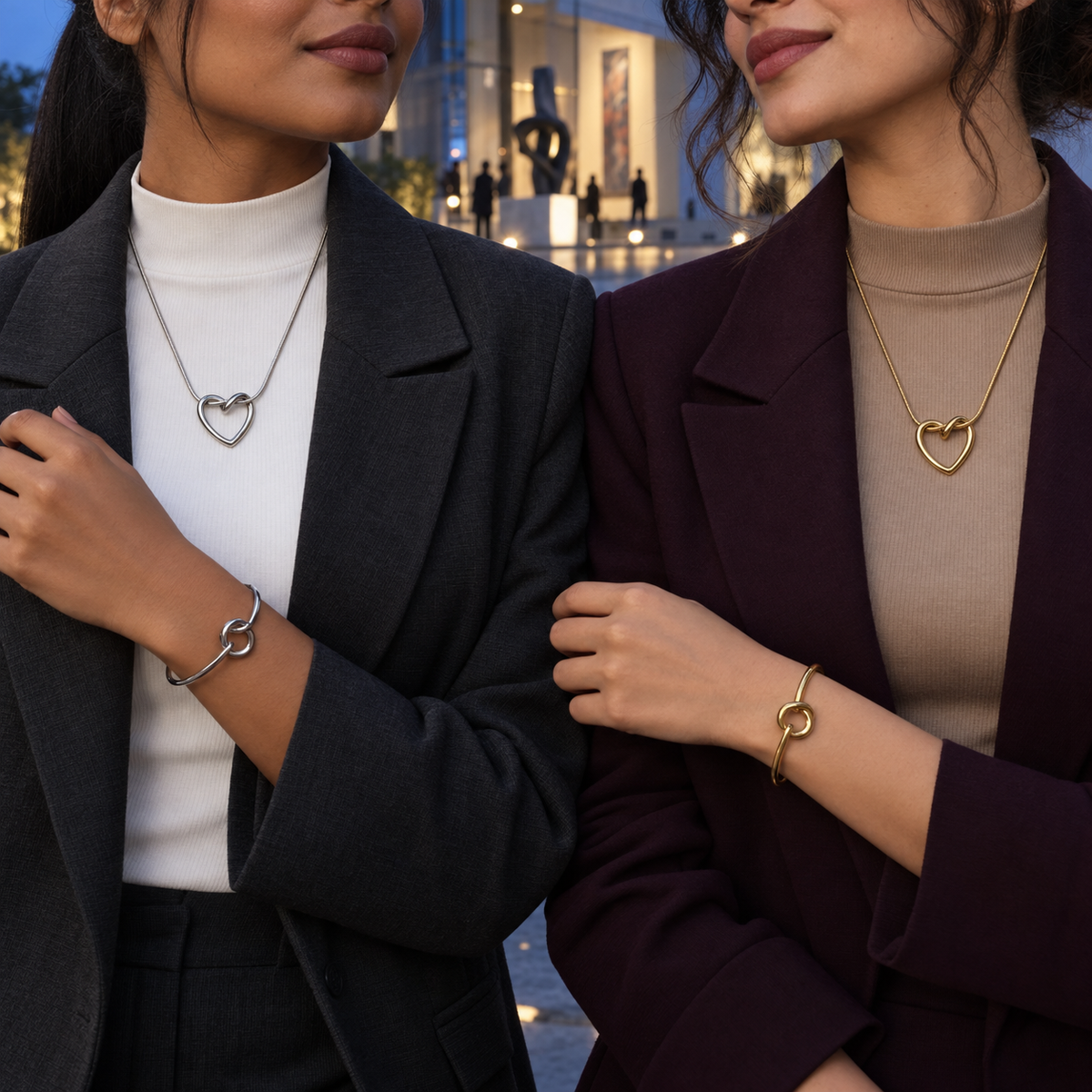 Two women wearing Gold and Silver Nova Loop Heart jewellery sets