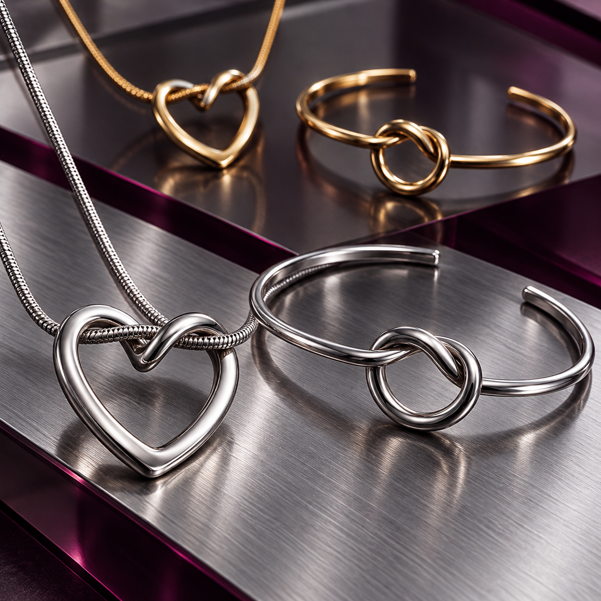 Nova Loop Heart pendant and cuff bracelet sets in Gold and Silver