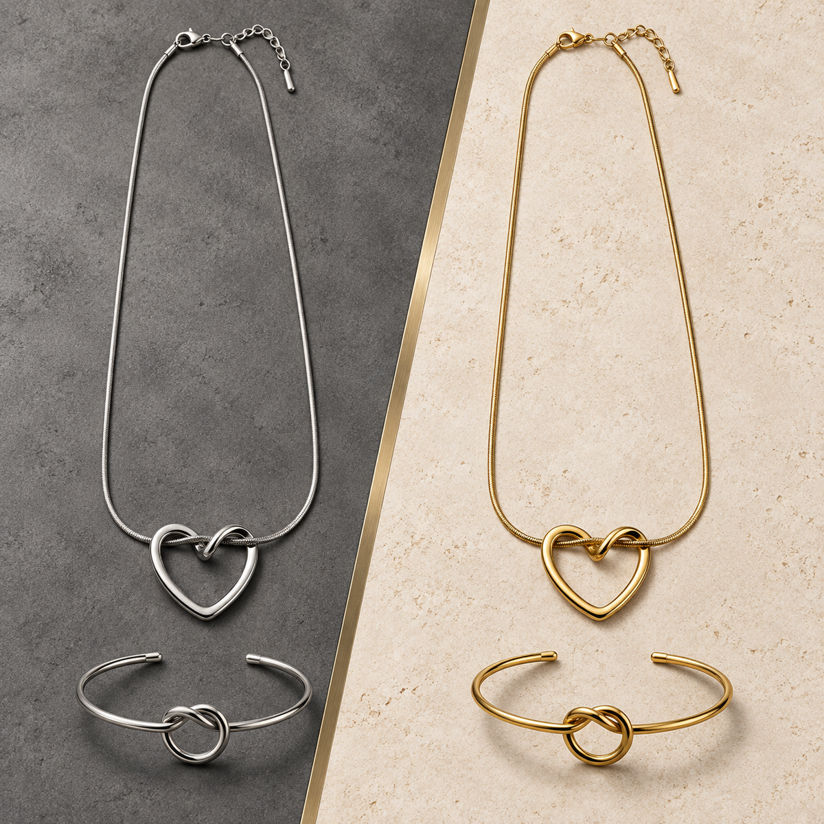 Gold and Silver Nova Loop Heart pendant and bracelet sets displayed side by side
