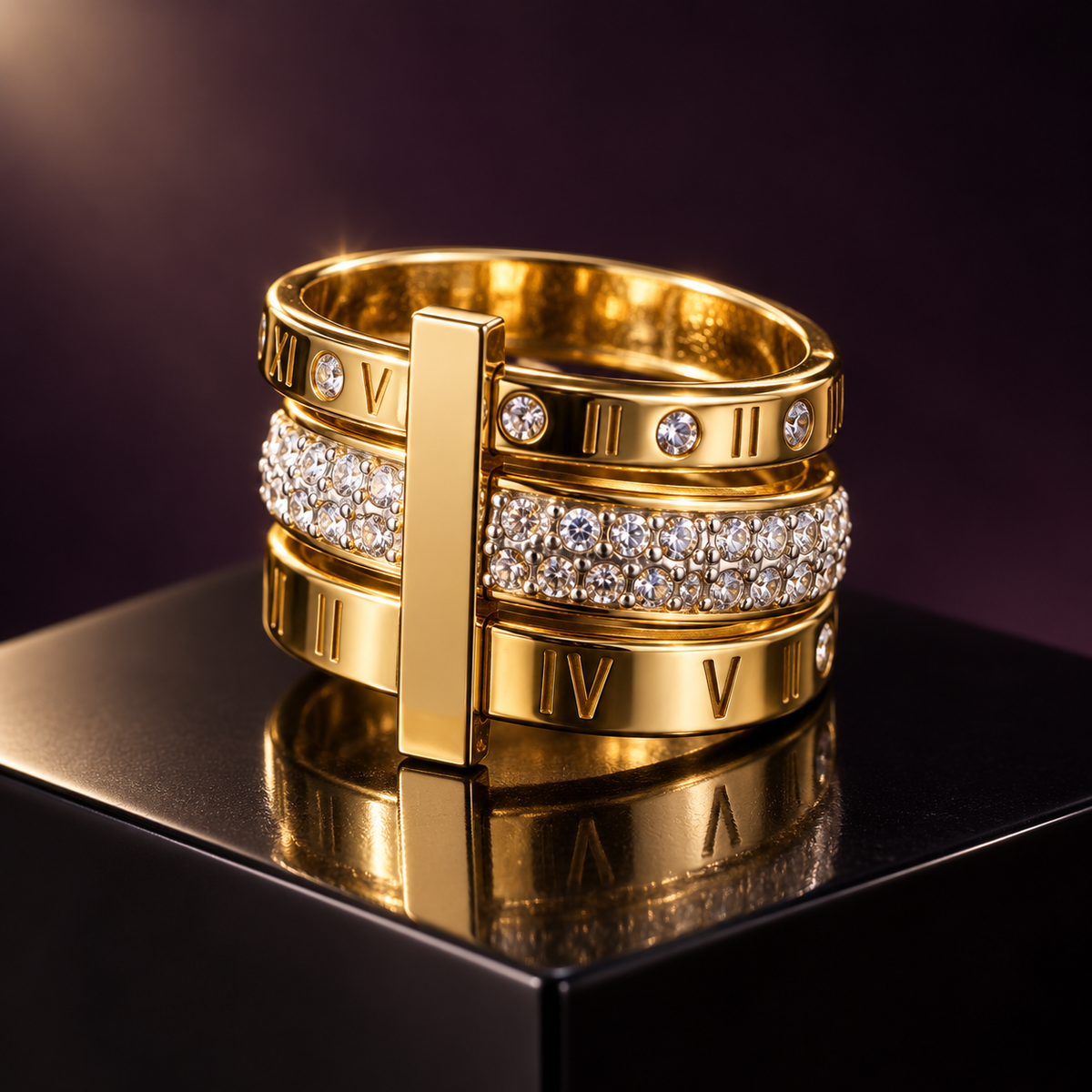 Vela Roman Crystal Ring in gold displayed on a glossy black lacquer platform