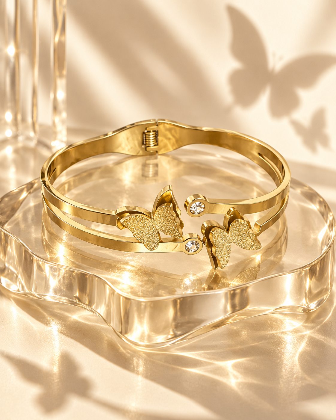 Noor gold-tone butterfly cuff bracelet displayed on clear crystal pedestal