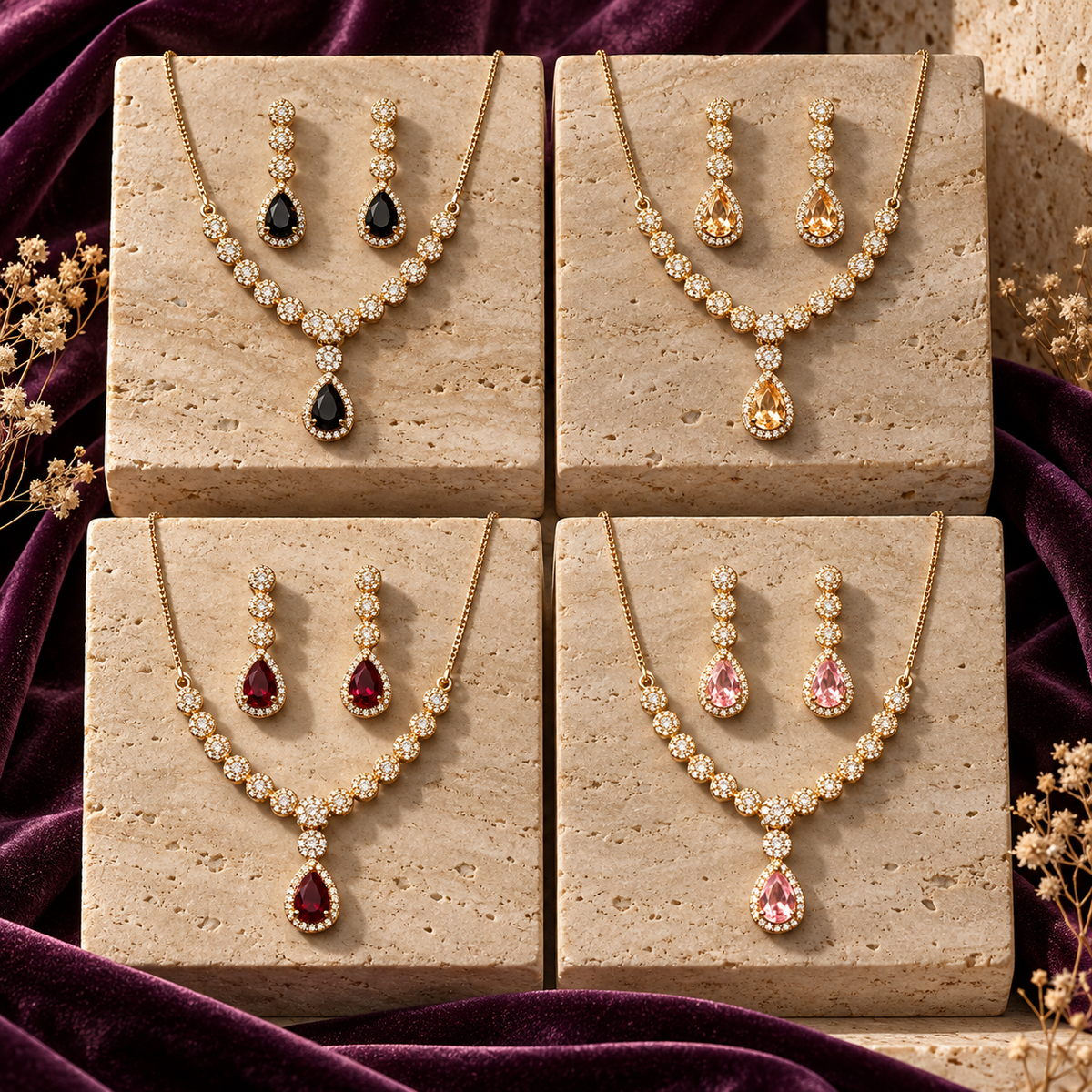 Celestia teardrop necklace and earrings sets in Black, Champagne, Red and Pink