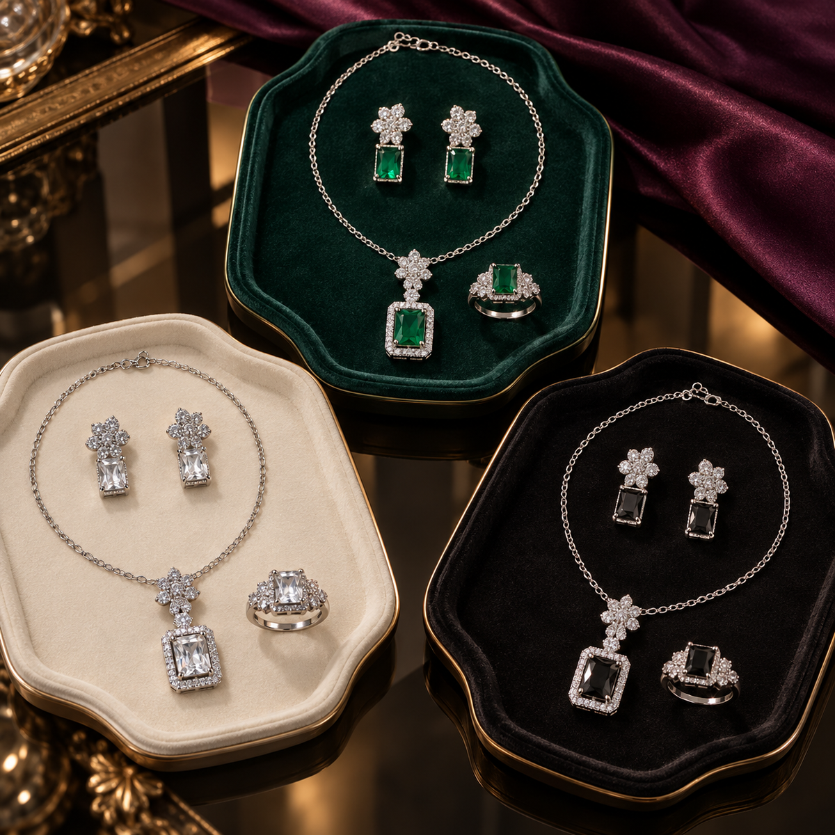 Fiora Bloom jewellery sets in Clear, Green and Black, each with a pendant necklace, matching earrings and ring.
