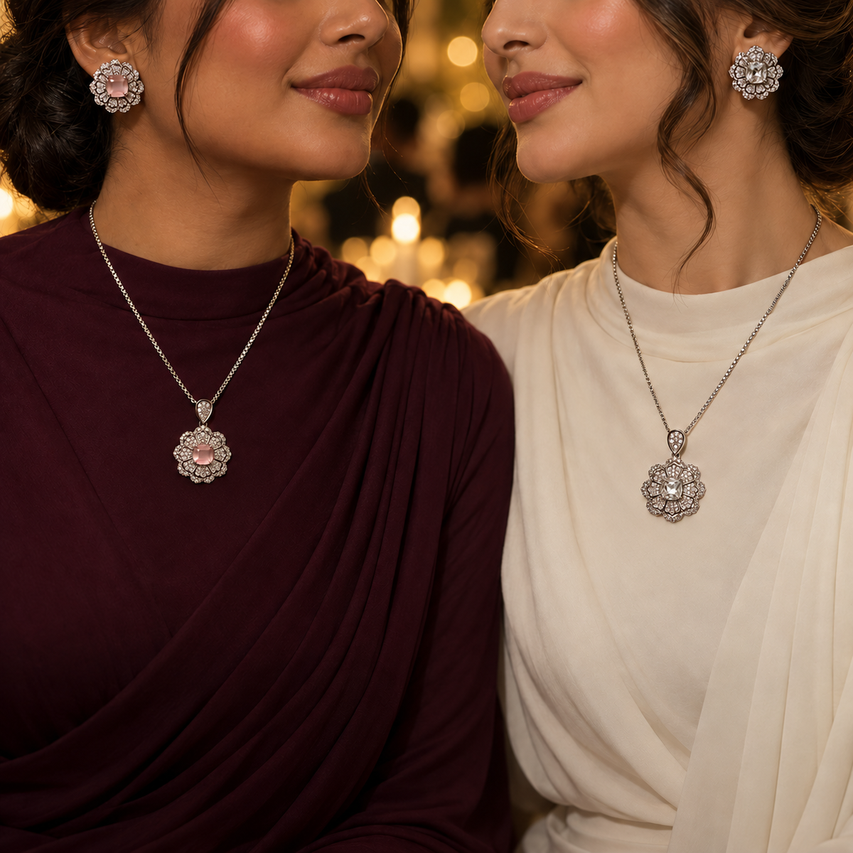 Two women wearing Pink and Clear Celestia Rosette jewellery sets