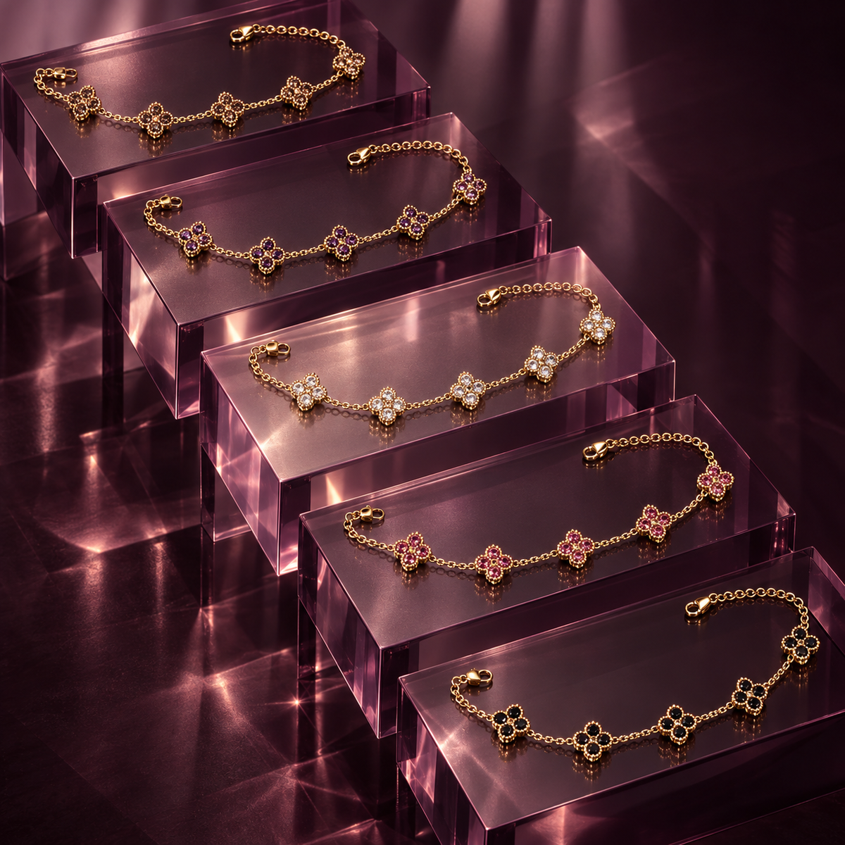 Liora Crystal Clover Bracelets in five colours displayed on staggered translucent plum acrylic plinths
